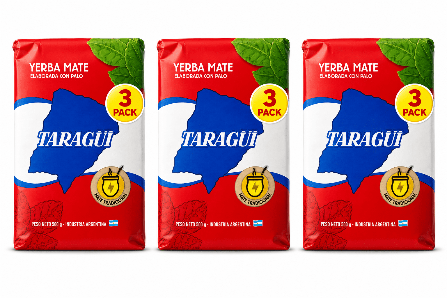 3-Pack Taragui Yerba Mate Regular Blend with Stems /Taragui Con palo- Loose Leaf- 1.17lb / 500g each bag