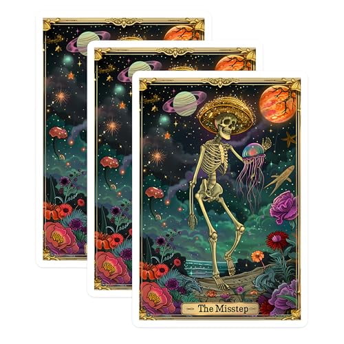 (3 Pack) Tarot Card Decals - The Misstep - Skeleton Jellyfish Planets Sticker - 3 Inches On Longest Side - Easy Peel & Apply - Made in USA - 3MCS0015