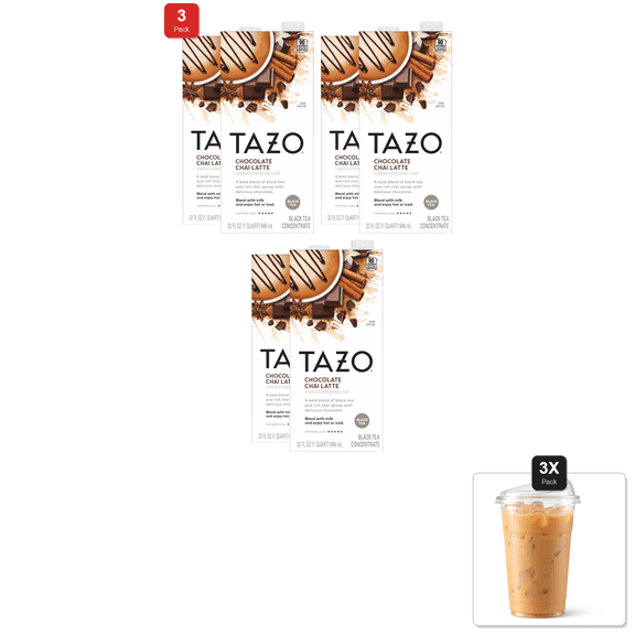 3 Pack | Tazo Chocolate Chai Latte, Flavored Black Tea Concentrate, 32 Fl Oz Carton (Pack Of 2) & 3x 16oz Plastic Cup with Strawless Sip-Lid
