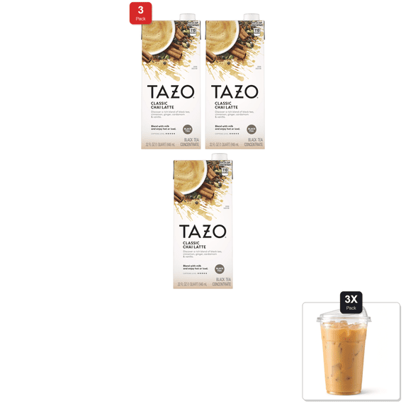 3 Pack | Tazo Classic Chai Latte, Black Tea Concentrate, Easy-To-Serve Caffeinated Chai Tea For Everyday Lattes, Mocktails And Hot Or Iced, 32 Oz Carton & 3x 16oz Plastic Cup with Strawless Sip-Lid