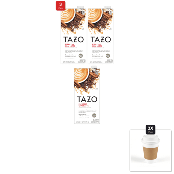 3 Pack | Tazo Espresso Chai Latte, Black Tea Concentrate, Easy To Serve Espresso Chai Tea For Everyday Lattes, Hot Or Iced Coffee-Like 32Oz & 3x 12oz Disposable Coffee Cup with Lid & Sleeve