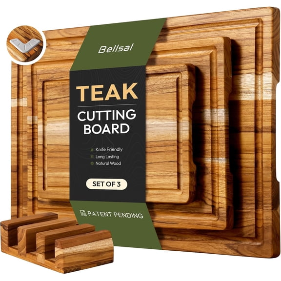 3 Pack Teak Wood Cutting Board Set for Kitchen Charcuterie Board Serving Heavy Duty Non Toxic Slip Over Sink Solid Thick Haus Wooden Chopping Board Large Big Small Meat Kitchen Essential Gift