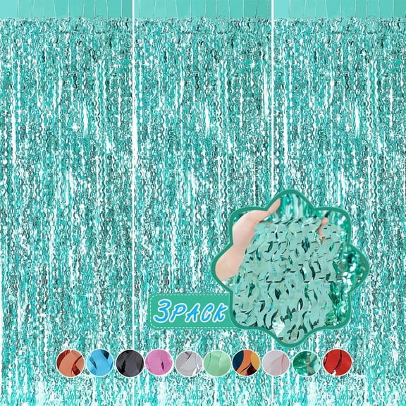 3 Pack Teal Aqua Blue Wave Foil Curtains - 3.3 ft x 6.6 ft Tinsel Metallic Streamers for Photo Booth Birthday Wedding Girl Princess Bachelorette Euphoria Theme Party Decorations