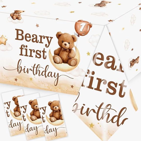 3 Pack Teddy Bear First Birthday Tablecloths Brown Disposable Waterproof Rectangle Table Covers