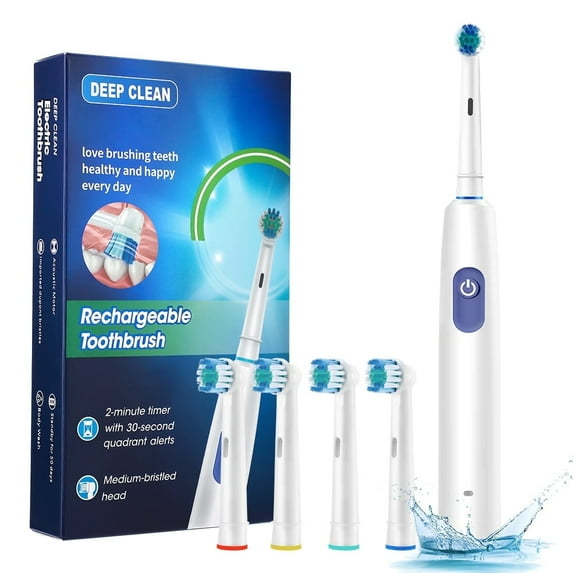Rotating Electric Toothbrush with 4 Brush Heads, 5 Modes Deep Clean Electric Toothbrush with Rechargeable Power and 2 Min Smart Timer, Fast Charge (White,1Pcs)