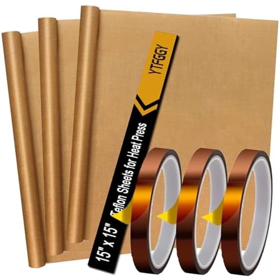 3 Pack Teflon Sheets for Heat Press 15x15 and 3 Rolls Heat Transfer Tape 10mm Non Stick Transfer Sheet Heat Press Tape Set for Sublimation PTFE Teflon Sheet Heat Resistant
