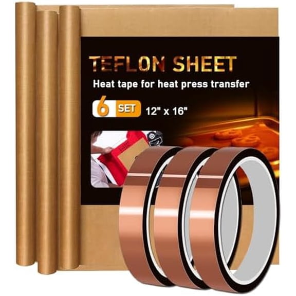 3 Pack Teflon Sheets for Heat Press 16x12 and 3 Rolls Heat Transfer Tape 10mm Non Stick Transfer Sheet Heat Press Tape Set for Sublimation PTFE Teflon Sheet Heat Resistant