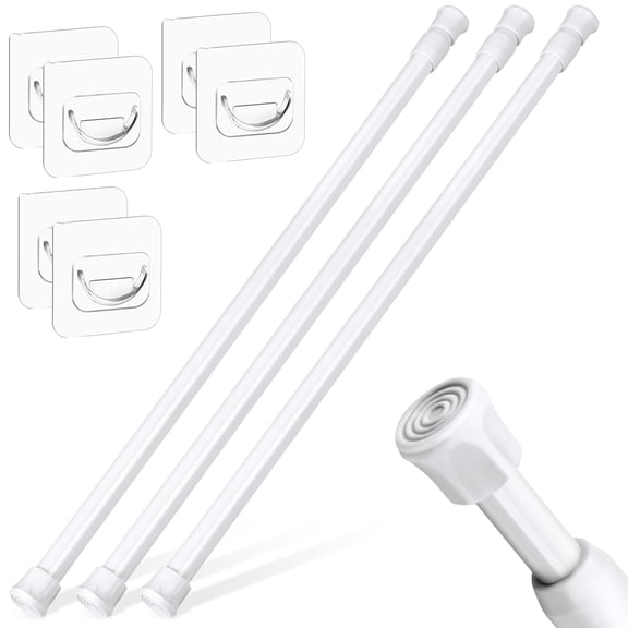 3 Pack Tension Rods Adjustable 18-28 Inch, No Drill Spring Curtain Rods with 6 Sockets, for Shower Wardrobe Shelves Kitchen, White
