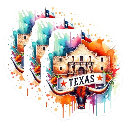 (3 Pack) Texas Decals - Alamo - Longhorn- 3 Inches On Longest Side - Easy Peel & Apply - Made in USA - 3MCS5689