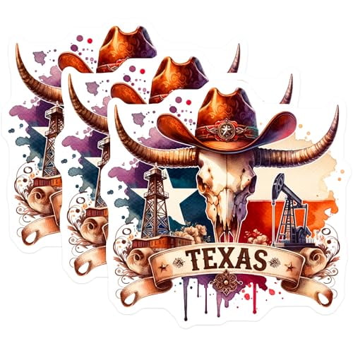 (3 Pack) Texas Decals - Cowboy Skull - Oil Rig Laptop Decal- 3 Inches On Longest Side - Easy Peel & Apply - Made in USA - 3MCS5641