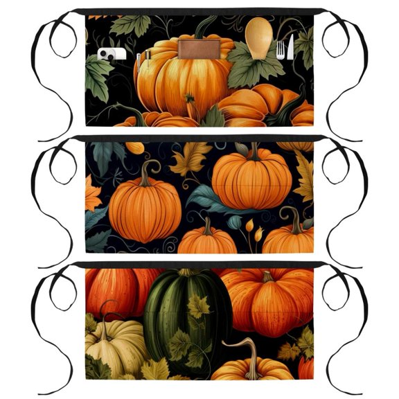 3 Pack Thanksgiving Pumpkin Waist Aprons - Half Apron with 3 Pockets for Men and Women, Kitchen, Restaurant, 23.6x12 In, One Size Fits All