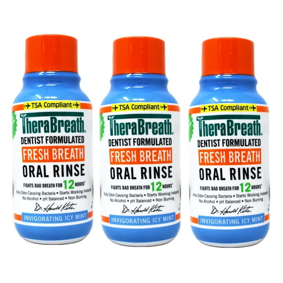 3 Pack - TheraBreath Fresh Breath Mouthwash, Icy Mint, Alcohol-Free, Travel Size, 3 fl oz