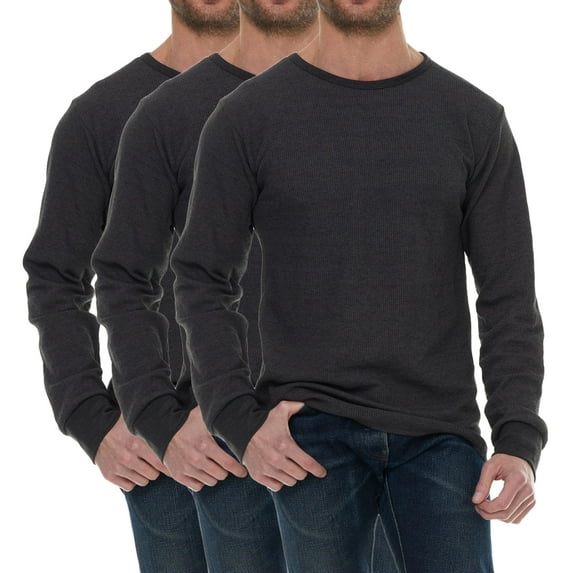 3 Pack Thermal Shirts for Men, Base Layer Tops Gray Bulk Wholesale, Cotton, Solid Colors, (Large)
