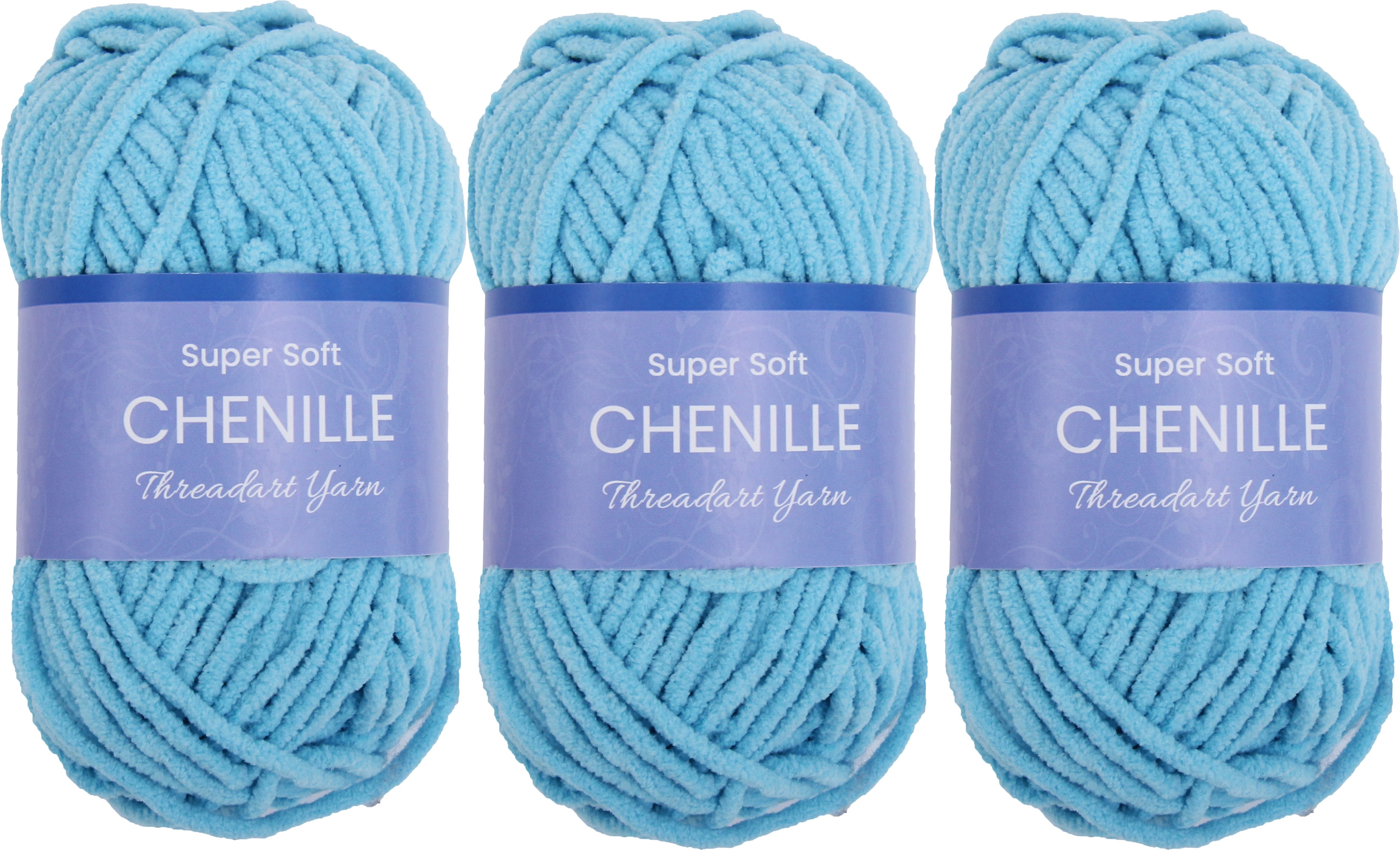 3 Pack ThreadArt Chenille Yarn for Crocheting, Knitting, Amigurumi, Super Soft Plush Velvet Yarn - 50 Gram 60 yds #5 Fluffy Yarn Skeins - Aqua