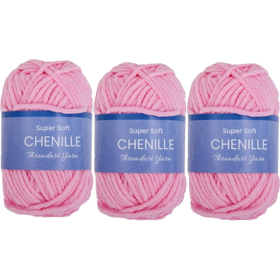 3 Pack ThreadArt Chenille Yarn for Crocheting, Knitting, Amigurumi, Super Soft Plush Velvet Yarn - 50 Gram 60 yds #5 Fluffy Yarn Skeins - Bright Pink