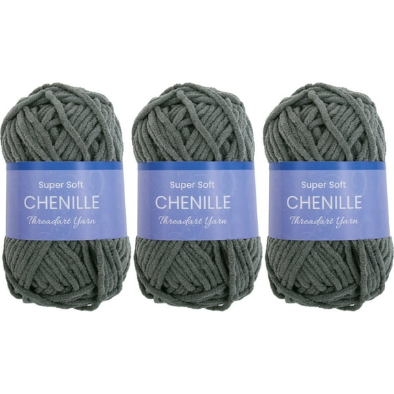3 Pack ThreadArt Chenille Yarn for Crocheting, Knitting, Amigurumi, Super Soft Plush Velvet Yarn - 50 Gram 60 yds #5 Fluffy Yarn Skeins - Dark Grey