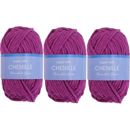 3 Pack ThreadArt Chenille Yarn for Crocheting, Knitting, Amigurumi, Super Soft Plush Velvet Yarn - 50 Gram 60 yds #5 Fluffy Yarn Skeins - Magenta