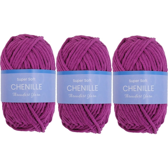 3 Pack ThreadArt Chenille Yarn for Crocheting, Knitting, Amigurumi, Super Soft Plush Velvet Yarn - 50 Gram 60 yds #5 Fluffy Yarn Skeins - Magenta