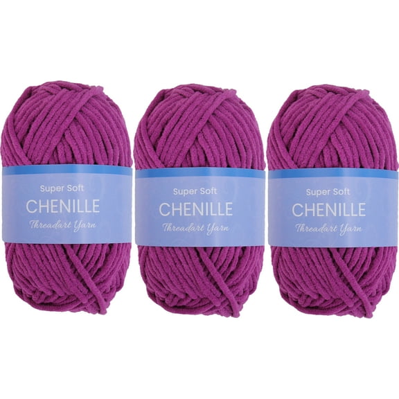 3 Pack ThreadArt Chenille Yarn for Crocheting, Knitting, Amigurumi, Super Soft Plush Velvet Yarn - 50 Gram 60 yds #5 Fluffy Yarn Skeins - Magenta