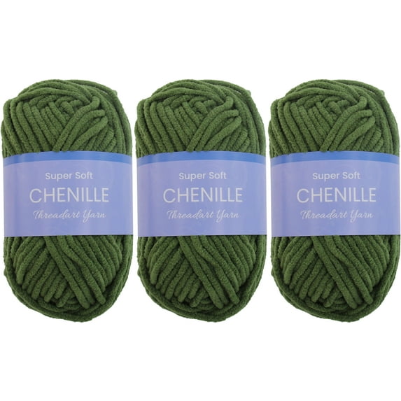 3 Pack ThreadArt Chenille Yarn for Crocheting, Knitting, Amigurumi, Super Soft Plush Velvet Yarn - 50 Gram 60 yds #5 Fluffy Yarn Skeins - Moss Green