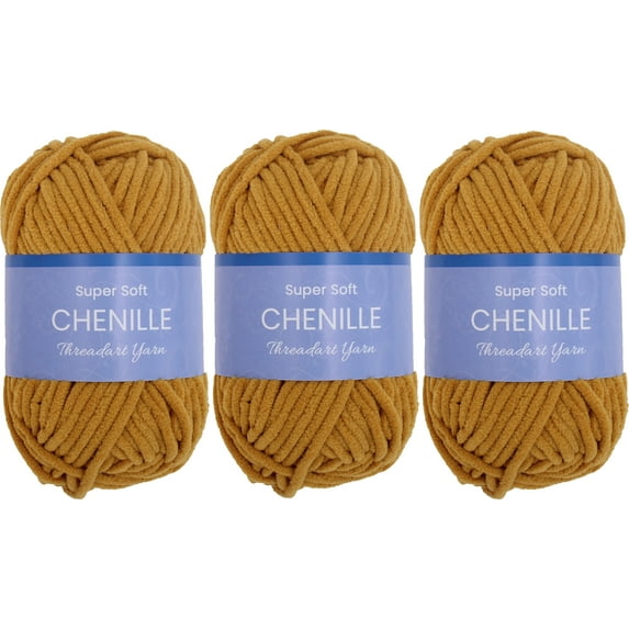 3 Pack ThreadArt Chenille Yarn for Crocheting, Knitting, Amigurumi, Super Soft Plush Velvet Yarn - 50 Gram 60 yds #5 Fluffy Yarn Skeins - Mustard