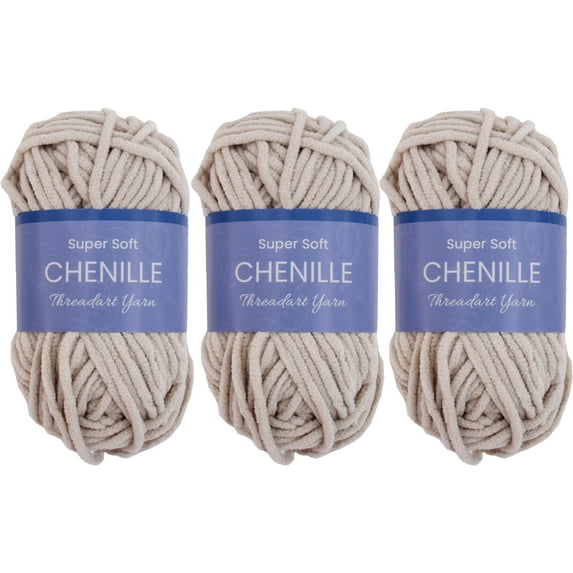 3 Pack ThreadArt Chenille Yarn for Crocheting, Knitting, Amigurumi, Super Soft Plush Velvet Yarn - 50 Gram 60 yds #5 Fluffy Yarn Skeins - Natural
