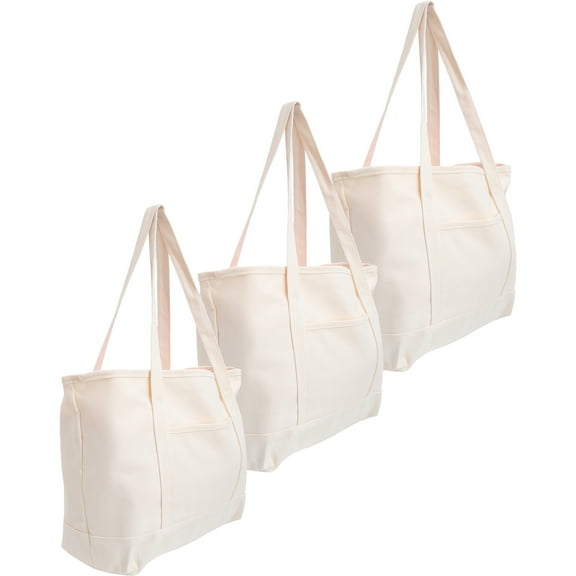 3 Pack ThreadArt Large 100% Cotton Natural Canvas Tote Bag With Natural Handles - 18.5"x11.5"x5.5" - 14 oz Canvas - For Women, School, Shopping, Beach, Getaways, Gifts
