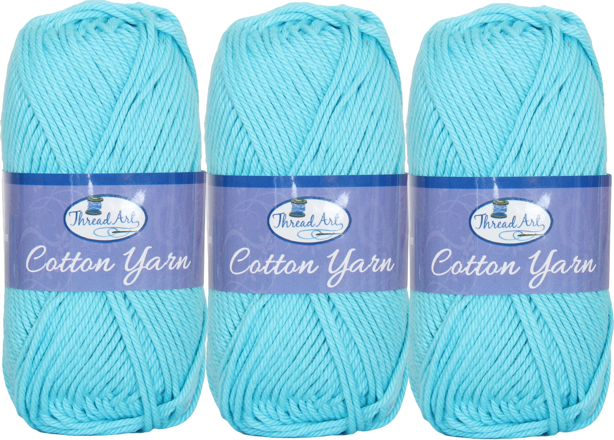 3 Pack Threadart 100% Pure Cotton Crochet Yarn | 50 gram Skeins | Worsted Medium #4 Yarn | 85 yds per Skein | 30 Colors Available | Aqua #3545
