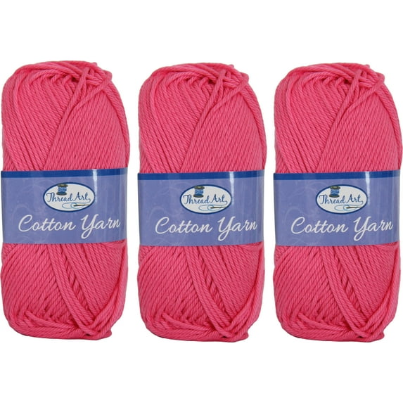 3 Pack Threadart 100% Pure Cotton Crochet Yarn | 50 gram Skeins | Worsted Medium #4 Yarn | 85 yds per Skein | 30 Colors Available | Hot Pink #3518
