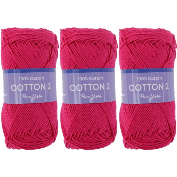 3 Pack Threadart 100% Pure Cotton Crochet Yarn Size 2 | Magenta | 50 gram Skeins | Fine #2 Yarn | 165 yds per Skein