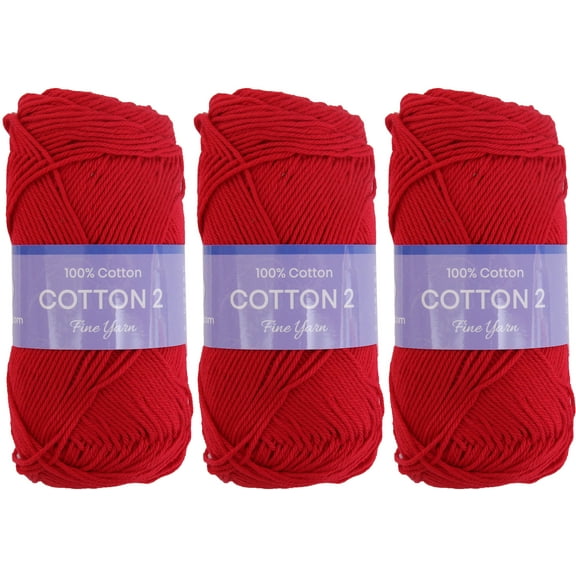 3 Pack Threadart 100% Pure Cotton Crochet Yarn Size 2 | Red | 50 gram Skeins | Fine #2 Yarn | 165 yds per Skein