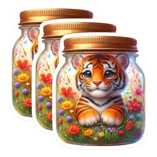 (3 Pack) Tiger Cub Decals - Flowers in Jar - Laptop Decal - Cute Animal - 3 Inches On Longest Side - Easy Peel & Apply - Made in USA - 3MCS8142