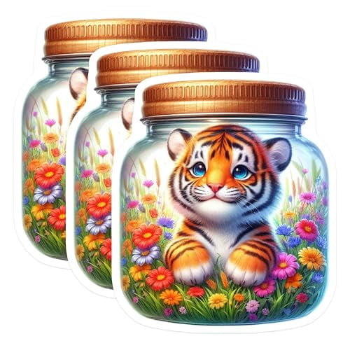 (3 Pack) Tiger Cub in Jar Decals - Laptop Decals - Cute Animal Stickers - 3 Inches On Longest Side - Easy Peel & Apply - Made in USA - 3MCS8135