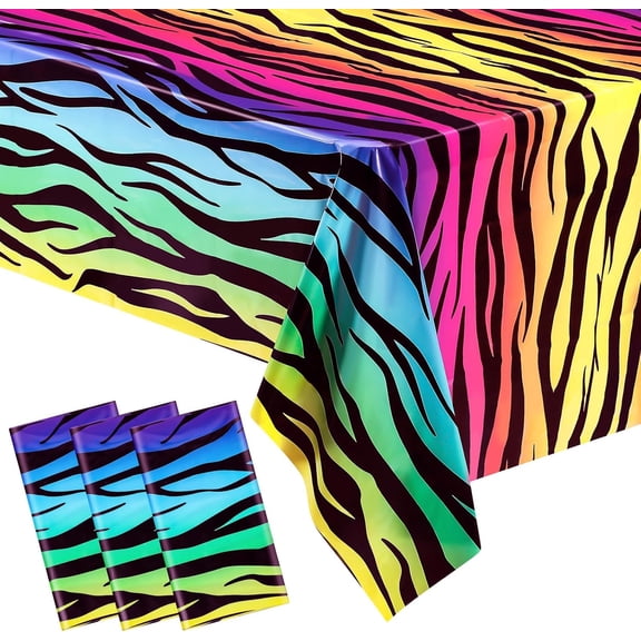 3 Pack Tiger Stripe Print Tablecloths Iridescent Neon Rainbow Birthday Party Decorations Plastic Disposable Rectangle Safari Tiger Print Table Cover for 70s 80s Birthday Party, 54 x 108 Inch