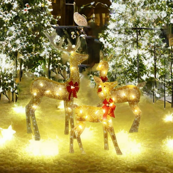 3 Pack Tinsel Reindeer Family Lighted 2D Deer Christmas Decor, with Clear Count Lights, Light Up Buck, Doe and Fawn Indoor or Outdoor Yard Lawn Festive Holiday Decoration