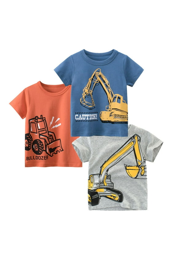 3-Pack Toddler Boys' Excavator T-Shirts Short Sleeve Tees Cotton Casual Crewneck Summer Top