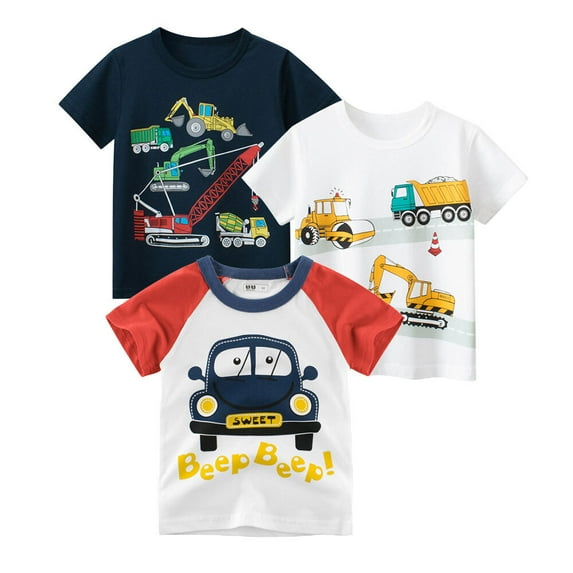3-Pack Toddler Boys' Excavator T-Shirts Short Sleeve Tees Cotton Casual Crewneck Summer Top