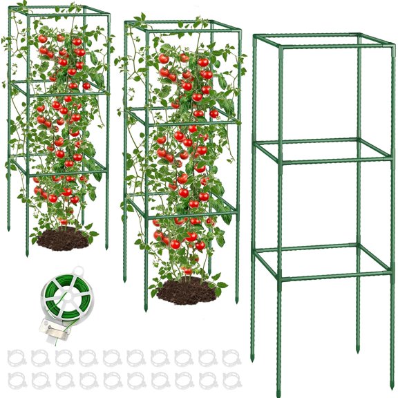 3 Pack Tomato Cages with Clips & Garden Wire, Outdoor Heavy Duty Metal Square Tomato Plant Support Garden Trellis for Climbing Plants Vegetables Flowers Fruits (41.5 Inch)