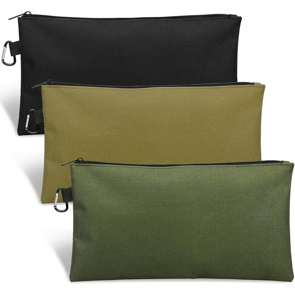 3 Pack Tool Bag Zipper Pouch, Premium Tool Pouch, Utility Multipurpose Storage Organizer Tool Pouches with Carabiner Metal Zipper for Tools, Stationary, Pencil Pouch (3 Pack, Tan, Navy Green, Black)