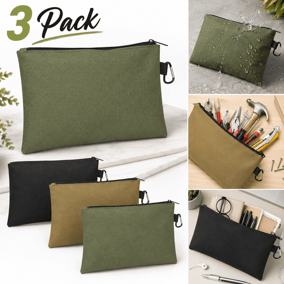 USTOP 3 Pack Small Zipper Pouch, 12.5 x 7 in Zipper Tool Pouch, Utility Multipurpose Storage Organizer Small Tool bag with Carabiner Metal Zipper for Tools, Stationary, Canvas Zipper Pouch