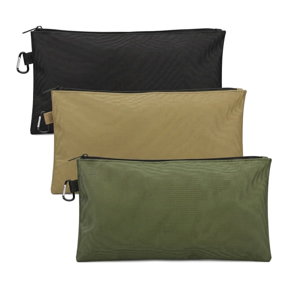 3 Pack Tool Bag Zipper Pouch, Premium Utility Storage Organizer with Carabiner Metal Zipper, Multipurpose Pencil Pouch for Tools, Stationary - Tan, Navy Green, Black