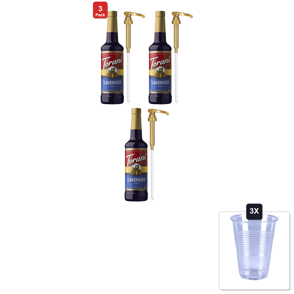 3 Pack | Torani Coffee Syrup, Lavender Flavored Syrup For Drinks, Pump Included, 25.4 Fl Oz & 3x 16oz Plastic Cup with Strawless Sip-Lid