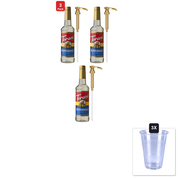 3 Pack | Torani Coffee Syrup, Peppermint Flavored Syrup For Drinks, Pump Included, 25.4 Fl Oz & 3x 16oz Plastic Cup with Strawless Sip-Lid