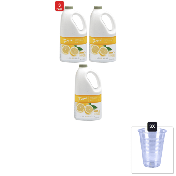 3 Pack | Torani Real Fruit Smoothie Mix, Lemonade, 64 Ounce & 3x 16oz Plastic Cup with Strawless Sip-Lid