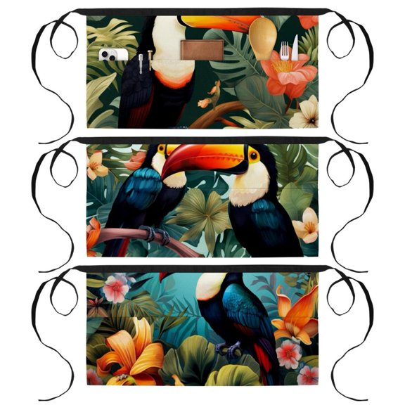 3 Pack Toucan Server Aprons with 3 Pockets - Unisex Short/Half Waiter Waist Short Apron