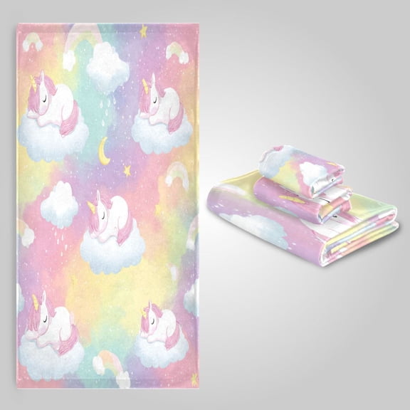 3 Pack Towel Set - Bath Towel, Hand Towel & Washcloth for Daily Household Use Cute Cloud Unicorn Print