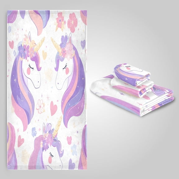 3 Pack Towel Set - Bath Towel, Hand Towel & Washcloth for Daily Household Use Magical Unicorn Garden Pattern