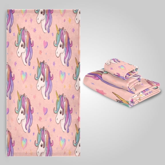 3 Pack Towel Set - Bath Towel, Hand Towel & Washcloth for Daily Household Use Magical Unicorn Love Pattern
