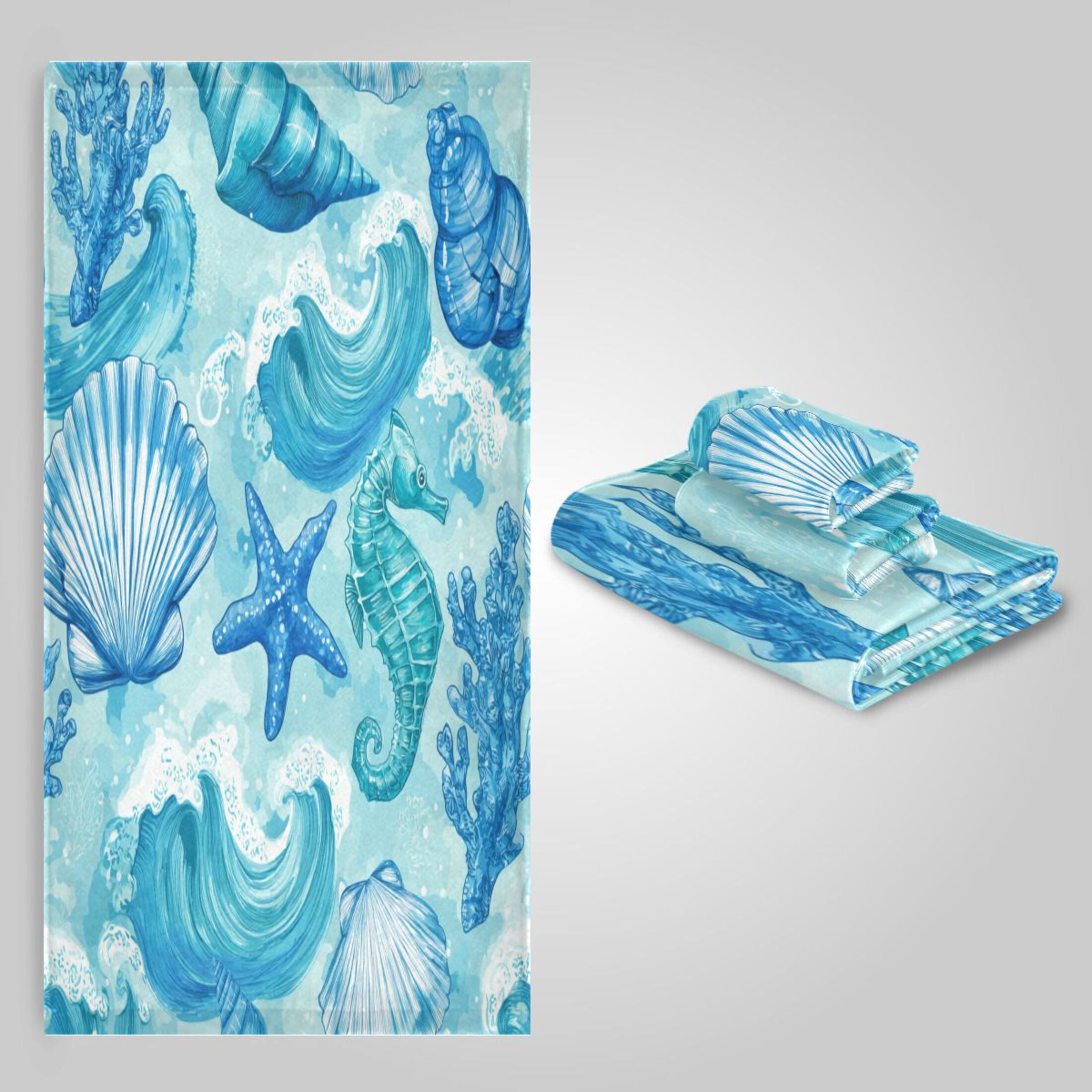 3 Pack Towel Set - Bath Towel, Hand Towel & Washcloth for Daily Household Use Nautical Blue Sea Life Art