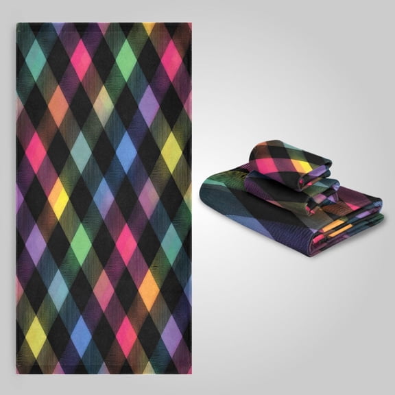 3 Pack Towel Set - Bath Towel, Hand Towel & Washcloth for Daily Household Use Neon Rainbow Checkered Pattern